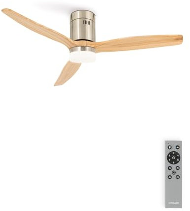 CREATE / WINDCALM/Ventilador de techo ABS con luz níquel efecto aspas madera clara y mando / 40W, Silencioso, Ø132 cm, 6 velocidades, 3 temperaturas de luz, temporizador, función verano-invierno