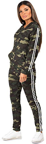 Womens Ladies Camouflage Print 2Pc Twin Side Stripe Joggers Bottoms Pants Leggings Casual Loungewear Tracksuit Top Co Ord Set Khaki UK Size M/L-10/12