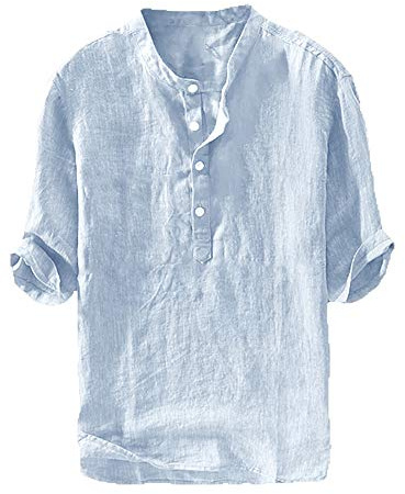 Ryannology Mens Linen Shirts Henley 3/4 Sleeve Casual Cotton T-Shirt Regular-Fit Lightweight Beach Yoga Tunic Tops