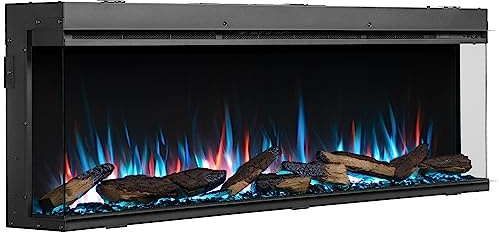 BALDERIA Athena 60 - Chimenea eléctrica empotrable panorámica con Llama LED Multicolor y Troncos Decorativos, Calefactor bajo Consumo para salón Moderno