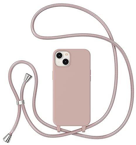 ZTOFERA Crossbody Lanyard Case for iPhone 13/14 (6.1), Liquid Silicone Protective Phone Case with Strap Adjustable Neck Cord Necklace Soft Cover, Pink