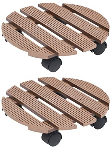 Makastle Pflanzenroller rund, 2er Set, Ø 30 cm, Blumentopfuntersetzer mit Rollen, innen & außen, Witterungsbeständig Blumenroller Outdoorroller Untersetzer Transporthilfe für Pflanzen, Braun