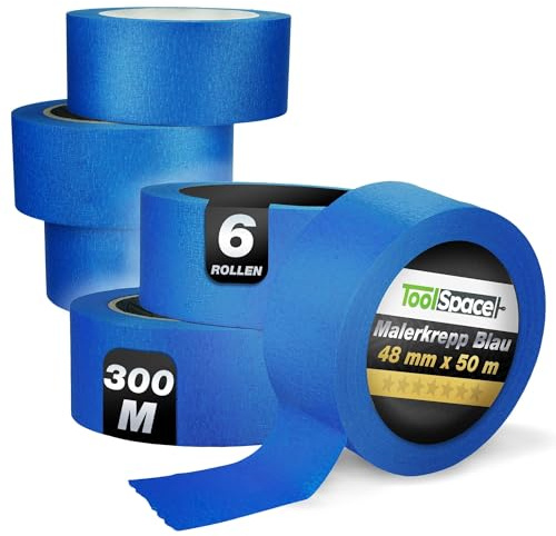 ToolSpace Ruban de Masquage Bleu - Scotch Adhésif Crêpe UV pour Peinture Decoratif - Papier Collant Rouleau 48 mm x 50 m lot de 6 - pour Multi Surfaces Intérieur Extérieur et Fenêtres Portes