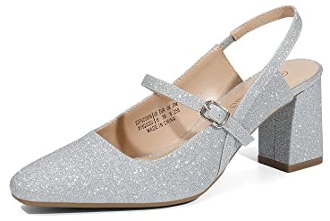 DREAM PAIRS Dam stängd tå tjocka högklackade Mary Jane block fyrkantig tå slingback bandklänning arbete pumpskor, Silver-glitter, 38.5 EU