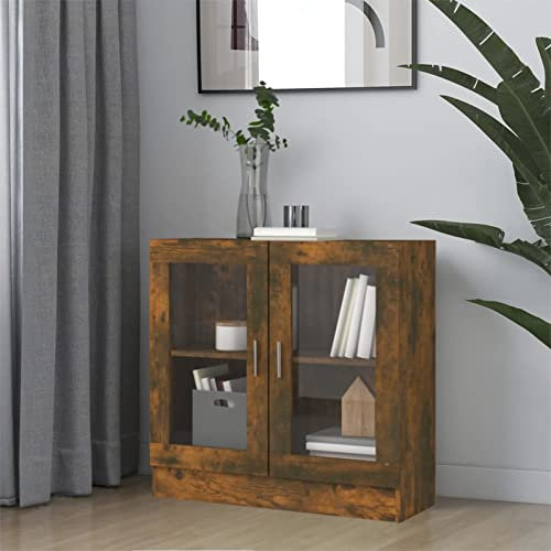 Festnight Vitrinenschrank Bücherschrank Mit Glastüren Aktenschrank Glastür Glasvitrine Stehend Vitrine Schrank Räuchereiche 82,5x30,5x80 cm Holzwerkstoff