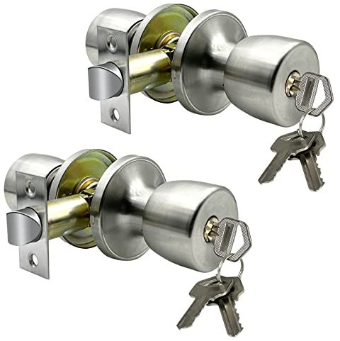 JO.KO Türknauf mit Schloss und Schlüssel, rundes Kugelschloss für Innen- und Außenbereich, Türknauf für Schlafzimmer oder Badezimmer/Eingangstürgriff (Edelstahl, 2 Stück)