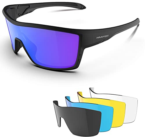 HAAYOT Polarisierte Radsportbrille für Männer Frauen Sport-Sonnenbrille mit 5 Gläsern TR90 Rahmen MTB Brille Mountainbike Brille Laufen Angeln Wandern, Matt Schwarz & Blau