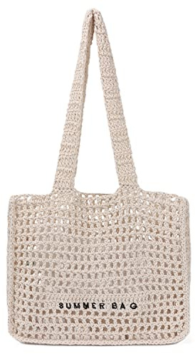 Ynport Crefreak Damen Umhängetasche Durchbrochene Gehäkelte Einkaufstasche Gewebte Reise Strandtasche Netz-Einkaufstaschen, Beige