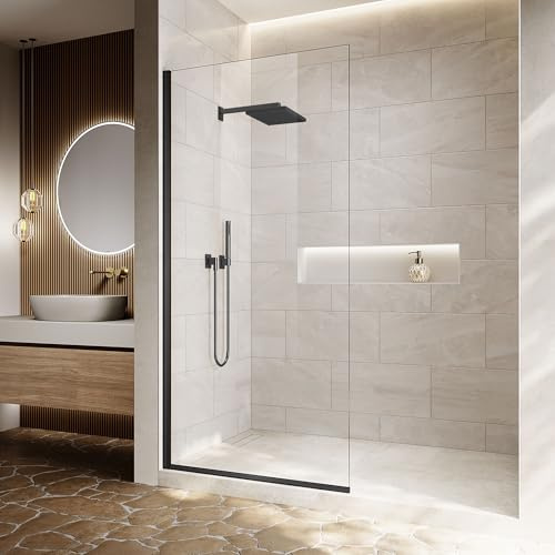 Xilewying Fixed Shower Glass Panel Semi-Framed Shower Door for Bathroom,34 W*74 L Single Shower Screen in Matte Black, 5/16(8mm) Clear Tempered Glass with Frame Hardware Kit