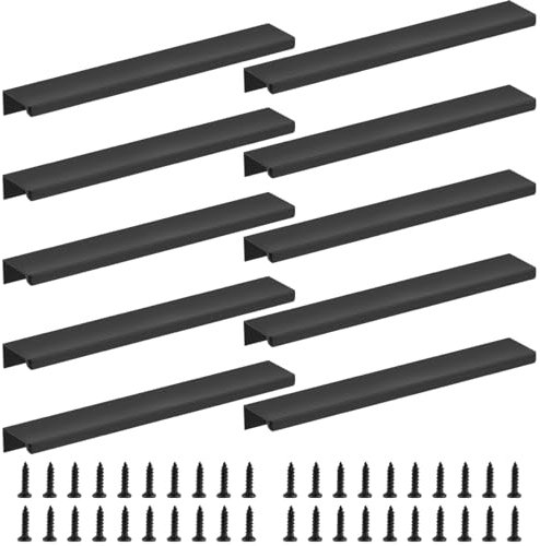 BATINO 10 Stück Versteckte Möbelgriffe Schwarz, 200mm Schrankgriffe Schwarz mit 16 Schrauben für Schlafzimmer Küchenschränke Kleiderschrank Versteckte Türgriffe Aluminium