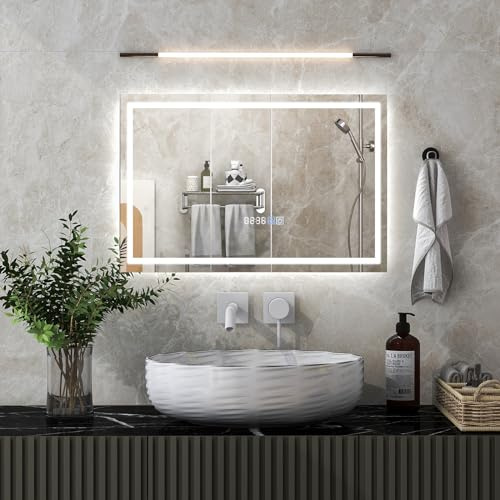 RELAX4LIFE LED Badspiegel, Badezimmerspiegel mit Beleuchtung, Wandspiegel mit Touch-Schalter, Anti-Beschlag, Dimmbar 3 Lichtfarben, Zeit- & Temperaturanzeige, Lichtspiegel(60 x 40 cm), FE2493DE