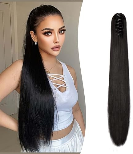 Gairyan 60cm Postiche Queue de Cheval avec Pince Extensions de Cheveux Naturel a Clip Lisse Extension Queue de Cheval Synthétique Rajout Cheveux Raides Claw on Ponytail Longue, Noir Naturel