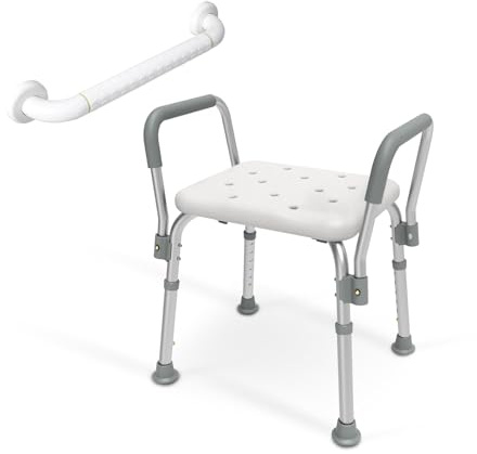 EMKE Duschstuhl Duschhocker Höhenverstellbar Anti-Rutsch Badhocker mit Duschhilfe Badewannen Haltegriffe 40 cm (Stuhl+Haltegriff)