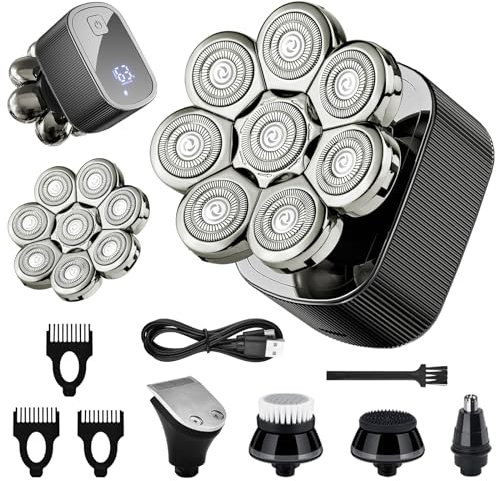 Rasoir Tete Chauve Homme Crane Tondeuse Cheveux Hommes Electriques Tête Electrique Barbe Rasoirs à Têtes Rotatives Groom 8D Tondeuse Crane Chauve Etanche IPX6, 5 en 1 Sec et Humide avec écran LED