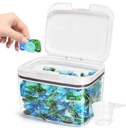 Pensino Laundry Pods Container Holder with Lid, Laundry Room Storage Container for Detergent Pods Laundry Powder Scent Booster Container with Scoop
