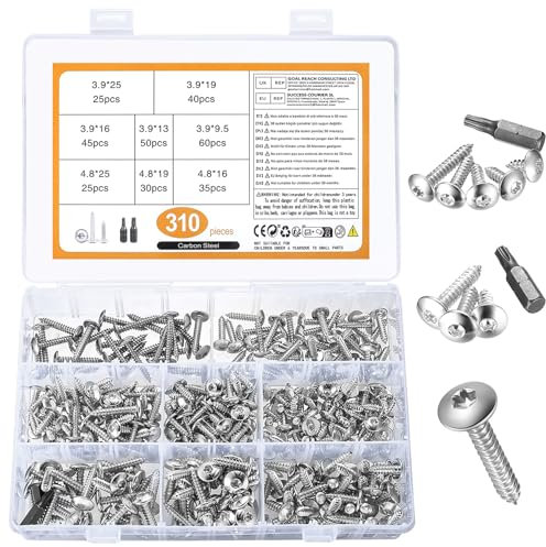 Jttxiu Juego de 310 Tornillos Torx Autoperforantes, Tornillos para Chapas con Arandela, Cabeza Plana para Carrocerías, Muebles y Placas de Yeso (Plateado)
