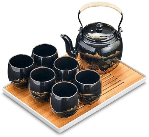 Servizio da tè giapponese, servizio da tè cinese in ceramica, ideale per teiera asiatica per amanti del tè, set da tè cinese Kung Fu con 8 tazze (paesaggio dorato)