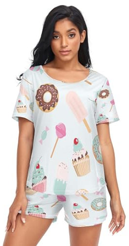 HMZXZ Damen Schlafanzug-Set Donut Süßigkeiten Sommer Pyjama Woman Set,Donuts Loungewear und Shorts Lounge Set Sleepwear Nachtwäsche