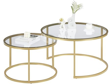 Soayone Couchtische Gold, Couchtisch Glas mit Gold Metallgestell, Couchtisch 2er Set, Runder Wohnzimmertisch, Stubentisch, Couch Tisch 80x80x45 & 60x60x35 cm