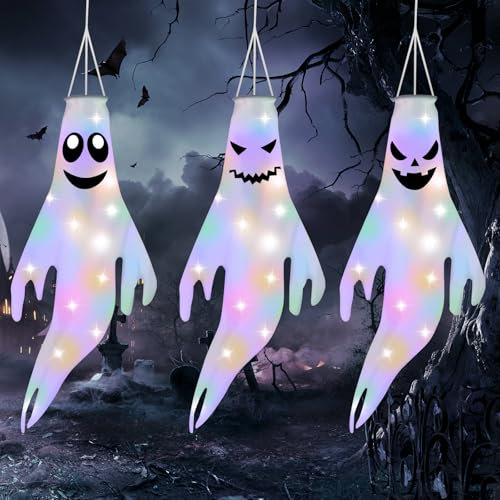OFFCUP Manga de Viento Fantasma, 3PCS Decoración Colgante para Halloween, Bandera con Luces LED para Fiesta, Vacaciones, Exterior, Patio, Jardín, Césped (B)
