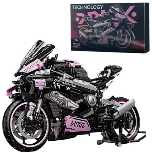 DCjmnn Technik Rosa Motorrad Bausteine Set, MOC Klemmbausteine Supermotorrad Modell für Kinder Erwachsene,1985 Teile Technik Rennen Motorrad Bausteine Bauset (88015F)