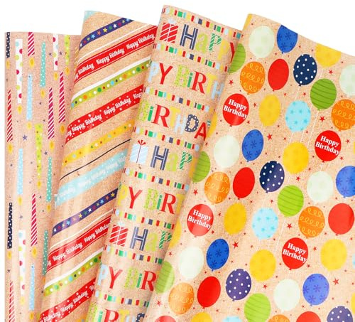 Birthday Wrapping Paper Sheet,8 Sheets Folded Flat Gift Paper,4 Colourful Balloon Candle Design Gift Wrapping for Kid's Boy Girl Men‘s Birthday Party - 51 X 74CM Per Sheet (Brown)