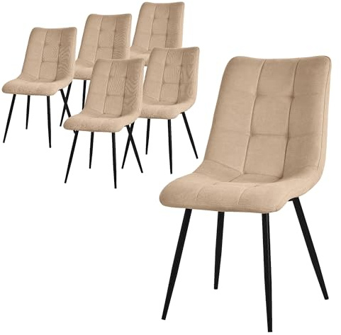ML-Design matsalsstolar set om 6 ljusbruna, vardagsrumsstolar med tygklädsel, svarta metallben, köksstolar med ryggstöd, stoppade stolar för matsal vardagsrum kök kontor, stoppade fåtöljer