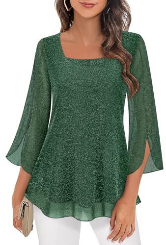 Syphiby Camicette da Donna con Ruffle, Maniche a 3/4, Top a Tunica, Scollo Quadrato, in Chiffon, a Doppio Strato, con Rete, Taglia M-3XL, XL