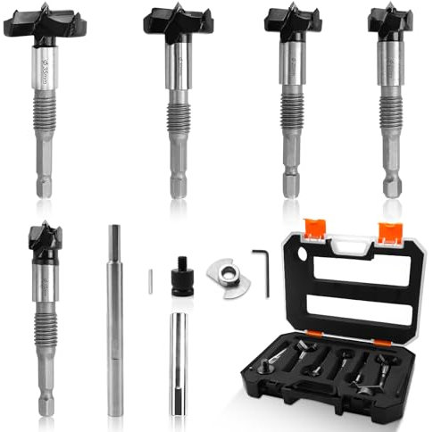 KXVXXV Forstner Set di punte per legno (15/20/25/30/35 mm) per trapano Forstner migliorato con asta di prolunga, asta di collegamento M10