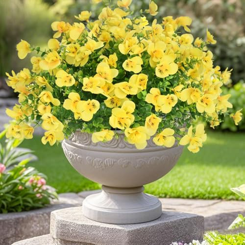 Artificial Fake Flowers10 Bundles,Faux Plastic Plants Spring Decor, UV Resistant Silk Flower for Outdoor Indoor Planters, Yellow