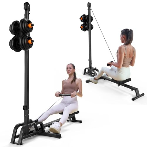 ONETWOFIT Rameur pliable et machine à tirer vers le bas 2 en 1 multifonction et compact pour la maison, câble bas avec banc de musculation plat (noir)