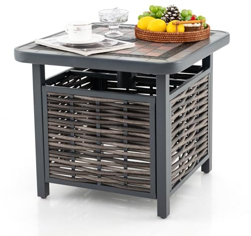 KOMFOTTEU Table d'Appoint d'Extérieur en Osier avec Trou pour Parasol