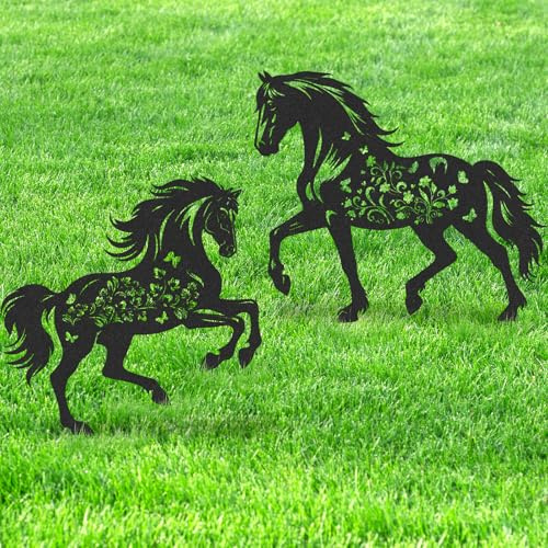 LIRAVENO Metal Garden Stakes Decorations - 2 Pcs Cool Horse Lovers Statues Sets Decor for Yard Outdoor Black Butterfly Gifts Silhouette Lawn Figurines Ornaments Flowers Patio Signs Animals Sculptures