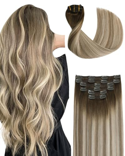 Sindra Lot de 6 extensions de cheveux humains à clip, en cheveux humains naturels, balayage, 50 cm, marron ombré, marron noyer à marron cendré et blond doré, lisses, 120 g, C#3/8/22 de 20