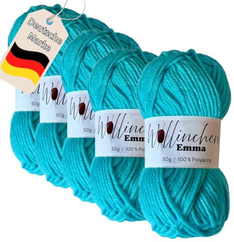 Wollinchen Wolle Emma - 5 x 50g - leuchtende Farben, Babywolle, Wolle zum Stricken, Häkeln, Knüpfen oder Basteln (Ozeanblau)