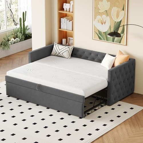 Ymkua Polsterbett Schlafsofa Sofabett 90x200 cm, Kinderbett Einzelbett Tagesbett mit Ausziehbares Rollbett, Tagesbett Bett mit Lattenrost, Gästebett Wohnzimmer Schlafzimmer, Samt Ohne Matratze (Grau)