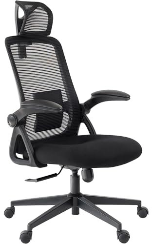 Realm of Thrones CAPTAIN Ergonomischer Bürostuhl für Zuhause, Robuste Stahlbasis, Klappbare Armlehnen, Verstellbare Lendenstütze, Atmungsaktive Netzlehne, Komfortsitzkissen Schreibtischstuhl (Schwarz)