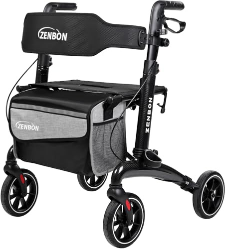 Deambulatore per Anziani con Seduta: Rollator 4 Ruote Carbon Leggero Pieghevole per Viaggi nel Bagagliaio - Rollator Leggero Sottile per Casa Interni ed Esterni (Nero)