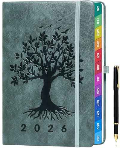 Kalender 2026 A5 Deutsch – Wochenplaner & Terminplaner mit Monatsübersicht, Januar bis Dezember 2026, mit bunten Monatsregistern, farbenfrohen Innenseiten, Innentasche & Stift - Grau