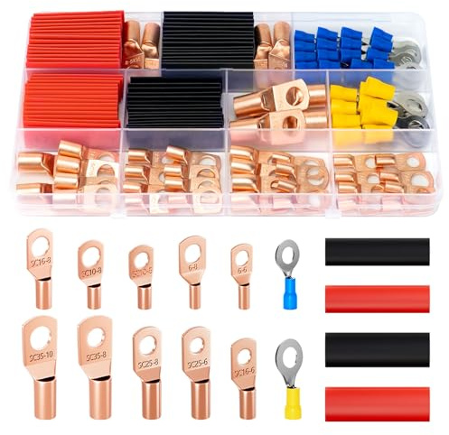 Sanuke 130pcs Copper Wire Lugs, Battery Lugs Awg 2 4 6 8 10 12 14 16 Copper Lugs Assortment Ring Terminals Connectors Wire Connectors Terminals, 70pcs Battery Cable Ends with 60pcs Heat Shrink