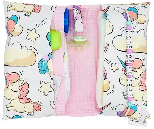 Generisch Frau Else Personalisierte Windeltasche mit Name und Datum für unterwegs, Einhorn-Design mit Waffelpiquet in Rosa, Große Wickeltasche für bis zu 4 Windeln + Feuchttücher, Wickelorganiser