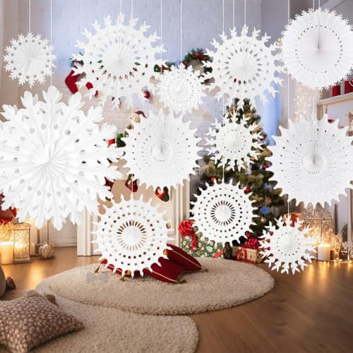 AUMAYCO 16 Stück Weihnachts Schneeflocken Deko, Papier Schneeflocken Hängende Dekoration, Wunderland 3D Papier Christbaumschmuck für Winter Wonderland Fenster Decke Dekoration