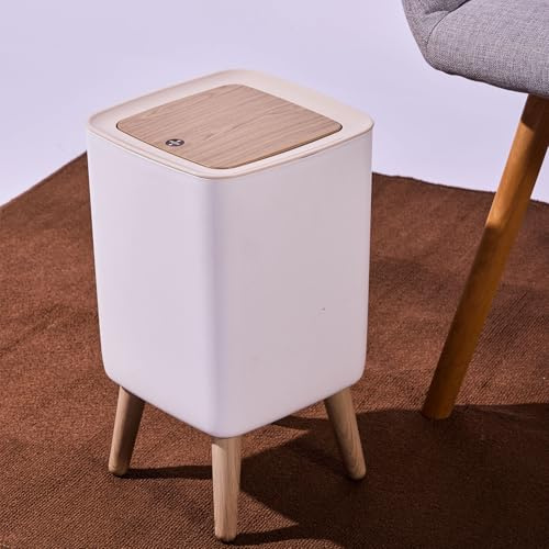 JETAINE Mini Trash Bin with Lid, 10 Liter Garbage Bin, Tall Sqaure Trash Can, Modern White Waste Bin with Wooden Legs, Plastic Rubbish for Kitchen, Bathroom, Bedroom, Living Room, Office, Dog Proof