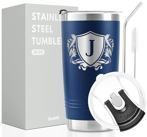 Onebttl Personalised Gifts for Men with Initials, Mens Gift Ideas, Unique Thoughtful Birthday Christmas Gifts for Men, Navy Blue, 20oz, J