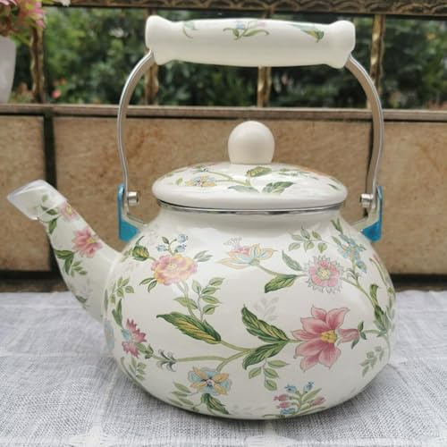 Vintage Enamel Tea Kettle, Floral Enamel Teapot, Porcelain Enameled Whistling Teakettle Turkish Hot Water Teapot with Cool Handle for Kitchen Stovetop