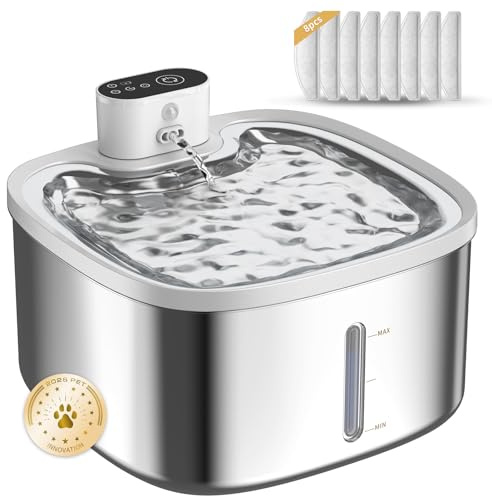 Cat Water Fountain Stainless Steel Wireless 118oz/3.5L–Cordless Battery-Operated Pet Water Dispenser with All-in-One Rechargeable Pump, Quiet Indoor Fountain for Cats & Dogs (Fountain+8Filters)