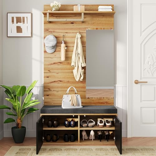 Juabett Garderobenset Garderobenschrank Flur, Kompaktgarderobe Flurgarderobe mit Schuhschrank, Spiegel, Sitzbank und Polsterkissen, Flurmöbel Flurschrank,offene Regale, 100x38x190 cm/Schwarz&Holzfarbe