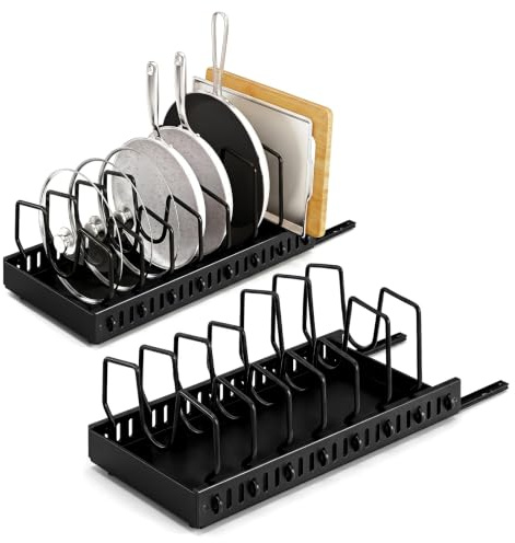 Asnews 2 Pack Pull Out Pots and Pans Organiser for Cupboard, 43CM Expandable Pan Lid Holder with 16 Adjustable Dividers, Kitchen Storage Rack for Inside Cabinet/Countertop (Black)