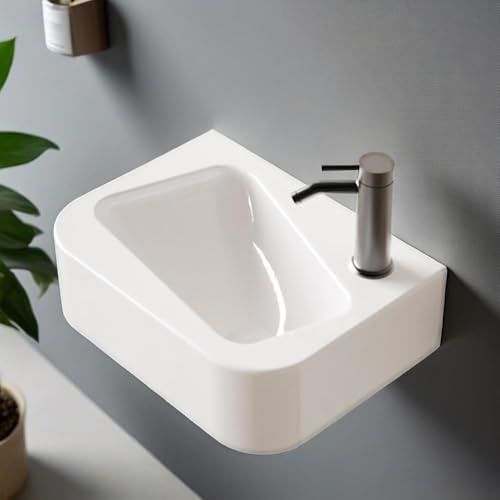 Waschbecken Keramik, Modernes Aufsatzwaschbecken mit Hahnloch, Weiße Hängewaschbecken Waschtisch Bad für Badezimmer, Gäste WC & Garten, leicht zu reinigen (35x25cm Right)