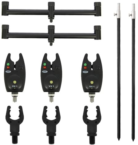 Bissanzeiger Set mit 2 Banksticks, 2 Buzzer-Bars für 3 Ruten und 3 Rutenhalter, 3 Bissanzeiger Angelrutenhalter Set, Rutenauflage Set, Rutenständer Set